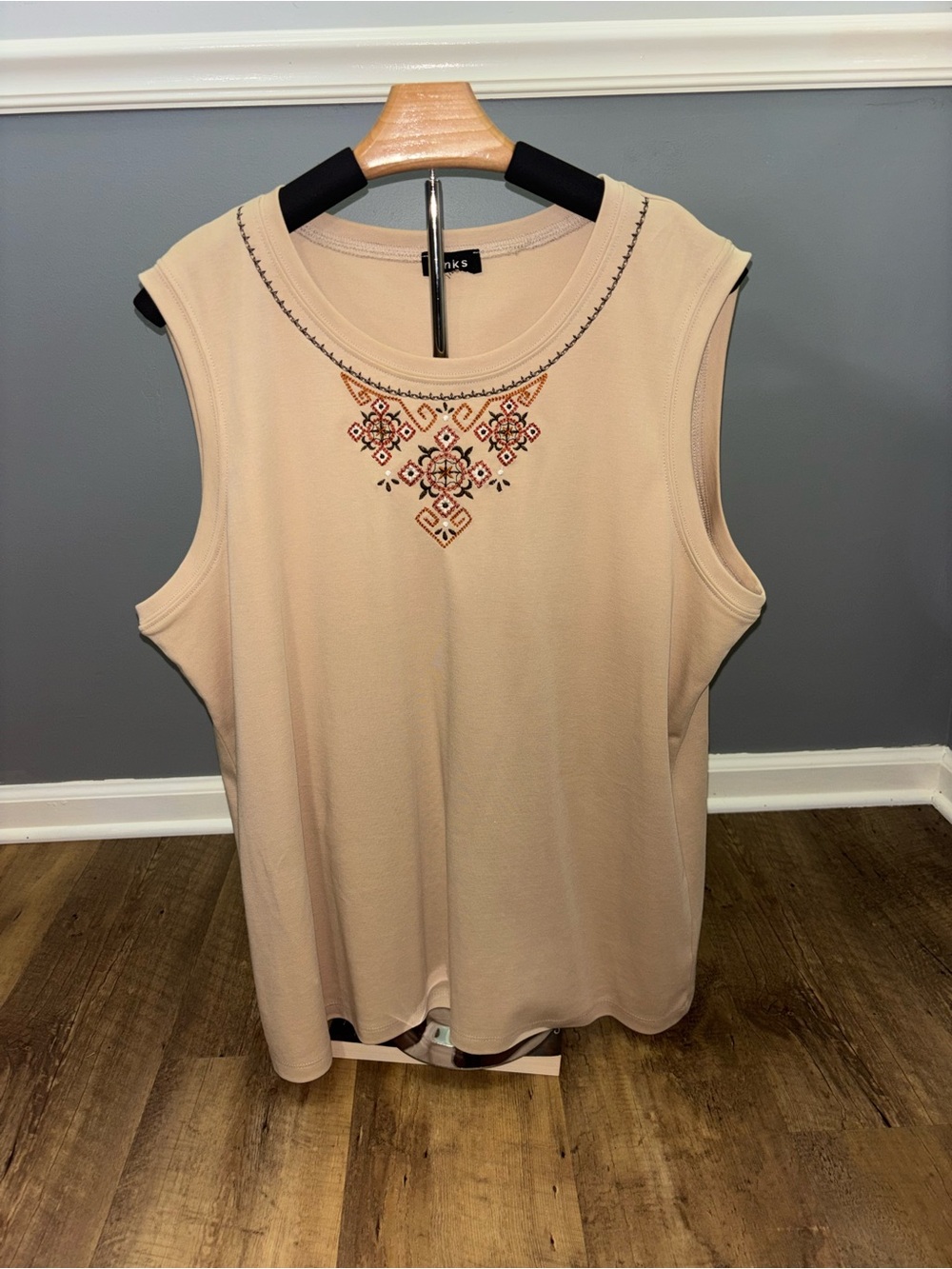 Linksoul Beige Sleeveless Tank with Embroidered Yoke